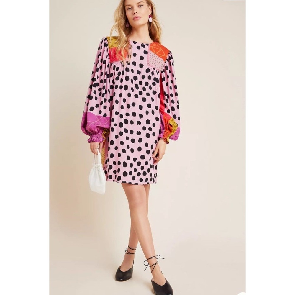 Anthropologie Bl-nk Miranda Tunic Dress Mixed Media Polka-dot Patchwork Artsy